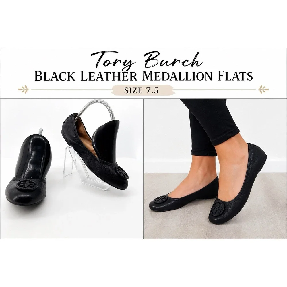 Tory Burch Reva Ballet Flats Black Leather Logo Medallion Women's 7.5 Classic